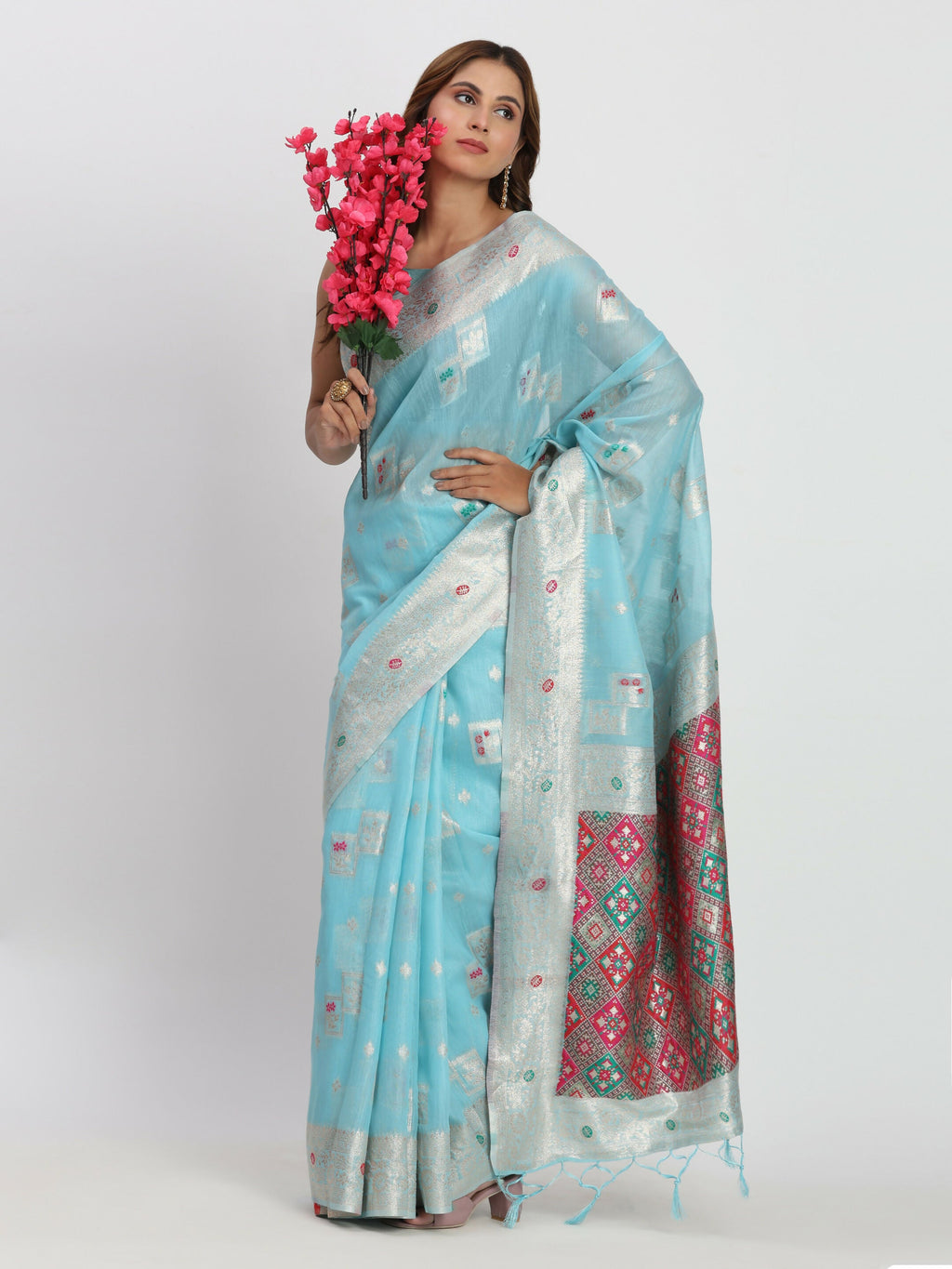 Shree Shyam Fashion Linen Cotton Sky Blue Saree - Distacart