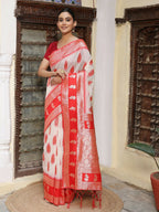 Shree Shyam Fashion White & Red Linen Cotton Saree - Distacart