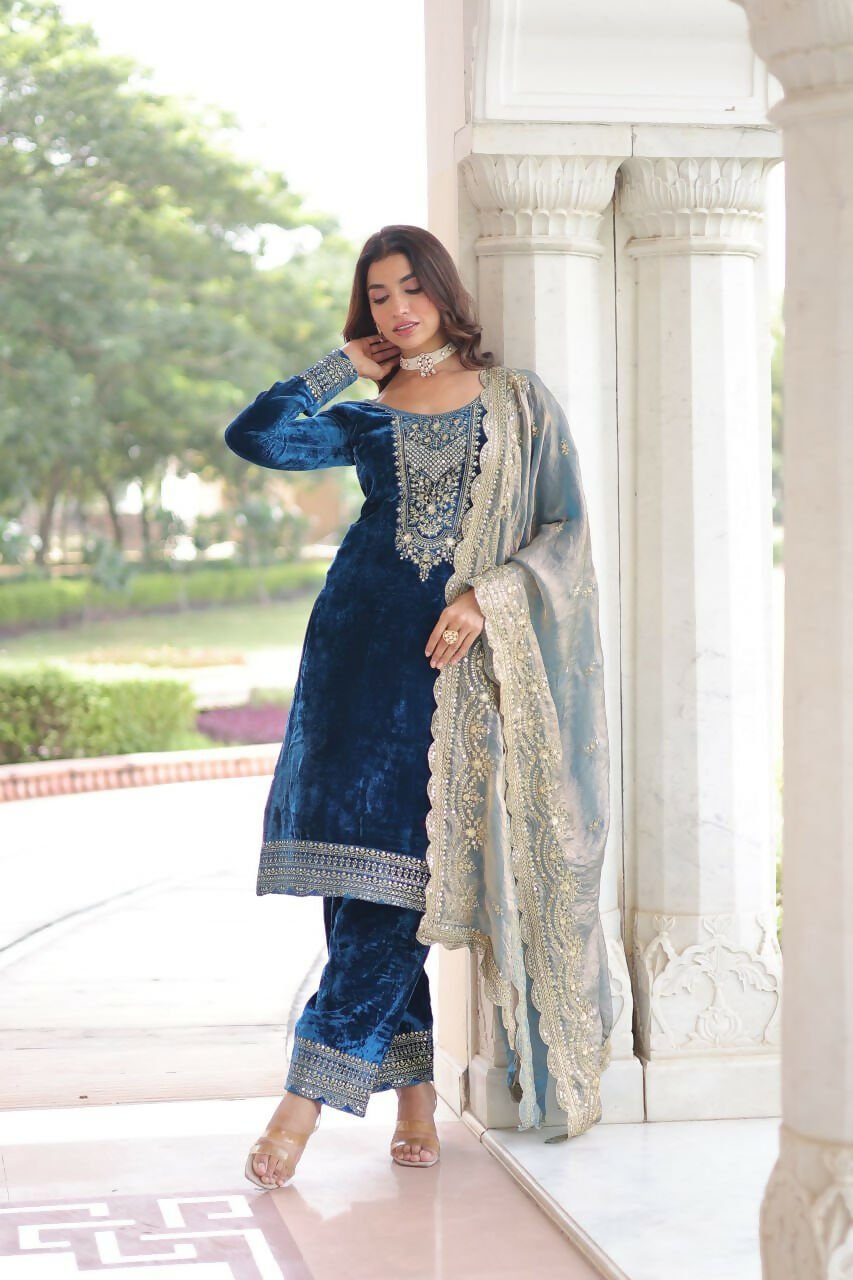 Vastranavya Morpeach Velvet With Rich Sequins & Zari Embroidered Work Top-Bottom With Dupatta - Distacart