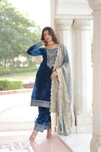 Vastranavya Morpeach Velvet With Rich Sequins & Zari Embroidered Work Top-Bottom With Dupatta - Distacart