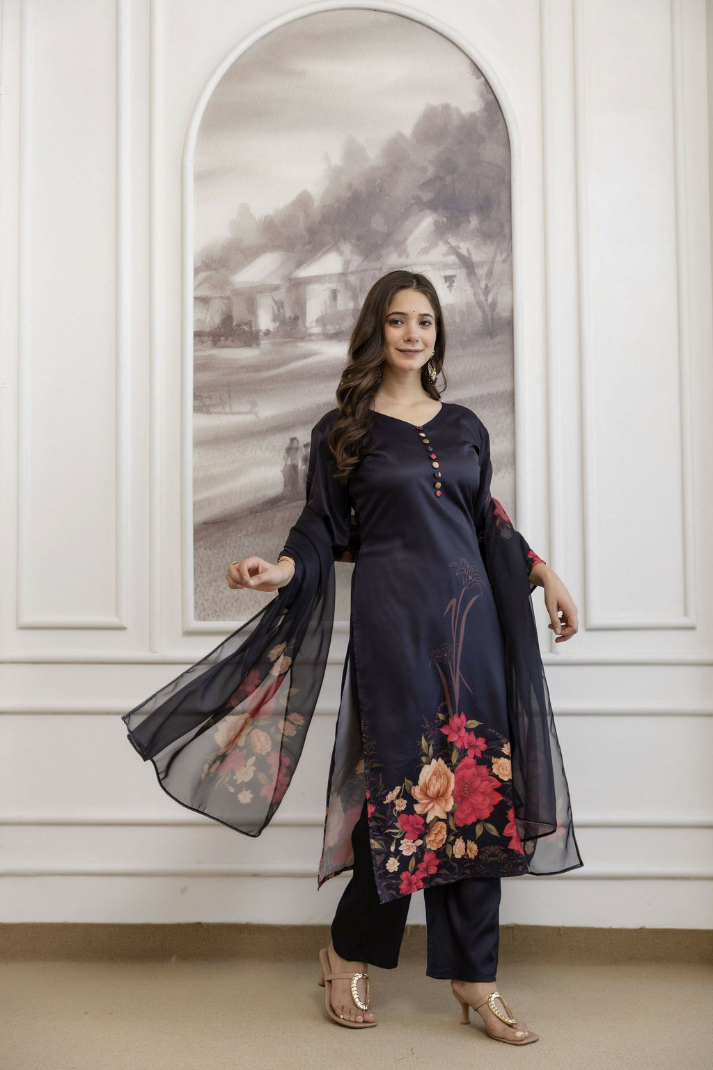 The52 Women's Beautiful Soft Assam Fabric Printed Work A-line Kurta Pant and Dupatta Set - Distacart