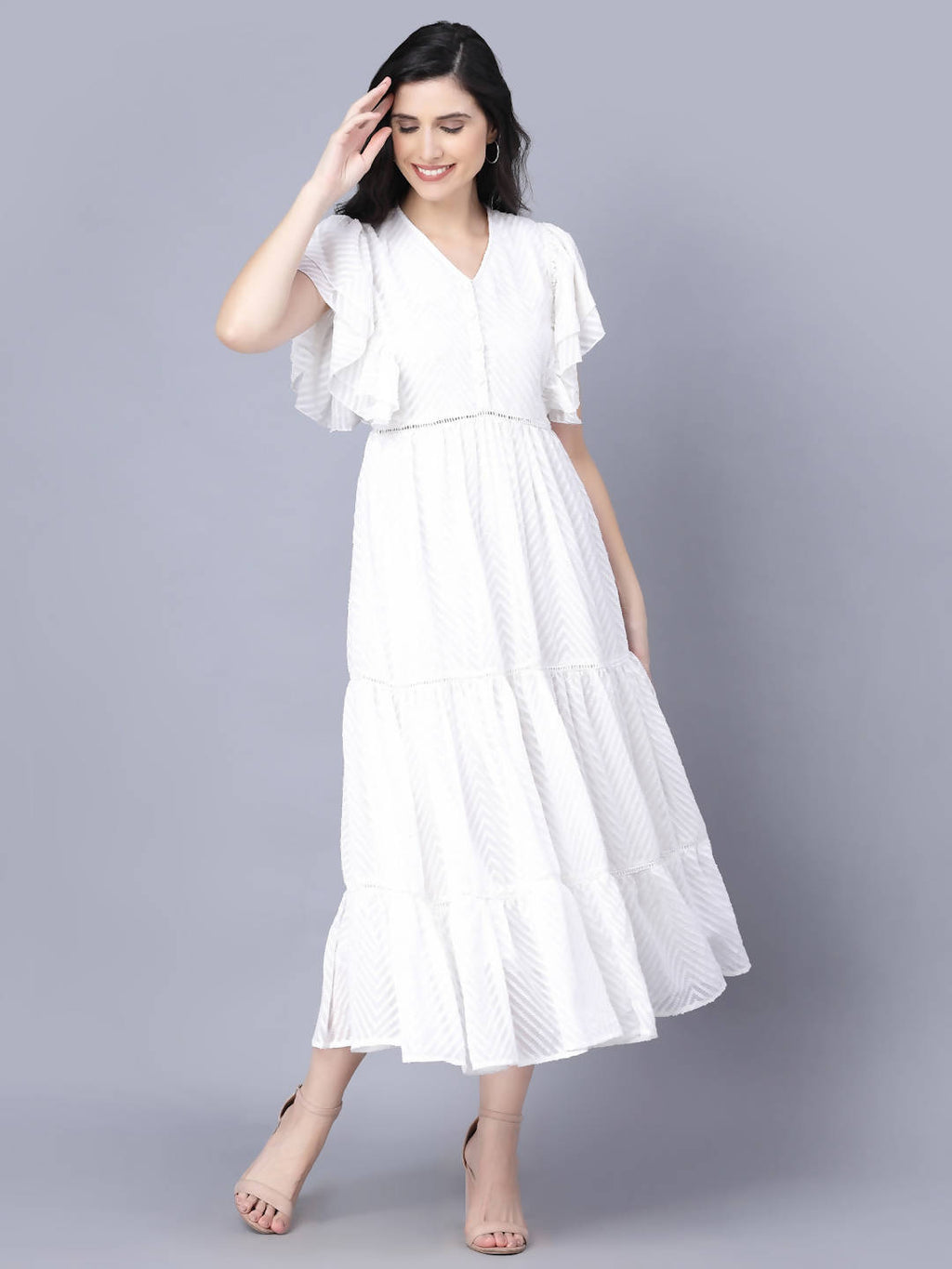 Myshka Georgette Solid Short Sleeve V Neck White Women Dress - Distacart