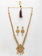 NVR Women's Gold-Polished Pink & Green Stone-Studded Peacock Design Temple Jewellery Set