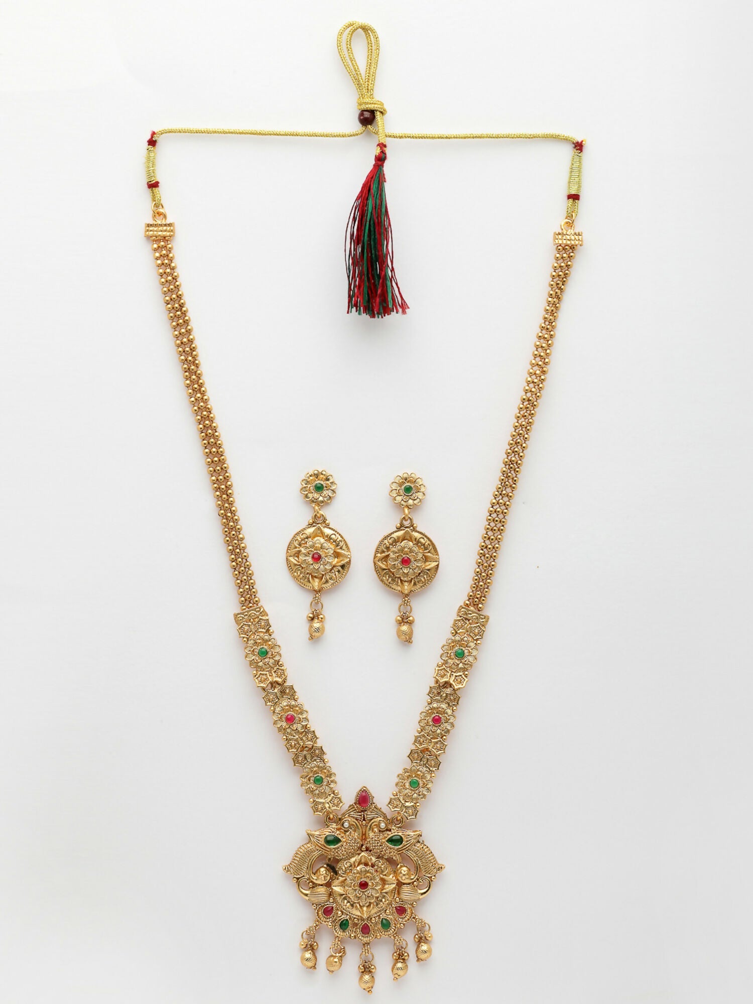 NVR Women's Gold-Polished Pink & Green Stone-Studded Peacock Design Temple Jewellery Set