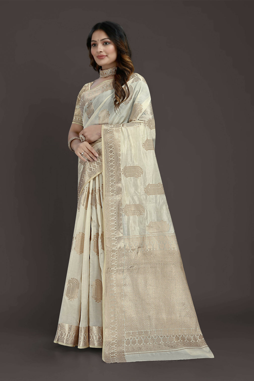 Off White Pure Raw Silk Zari Woven Saree with Unstitched Blouse Piece - Alisha