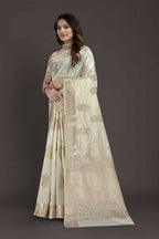 Off White Pure Raw Silk Zari Woven Saree with Unstitched Blouse Piece - Alisha