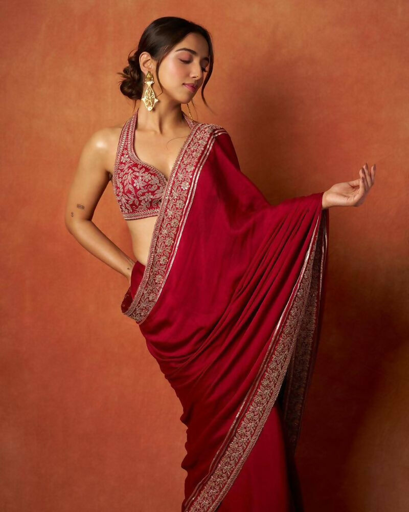 Joban Fashion Red Fandy Satin Silk Party Wear Sarees - Distacart