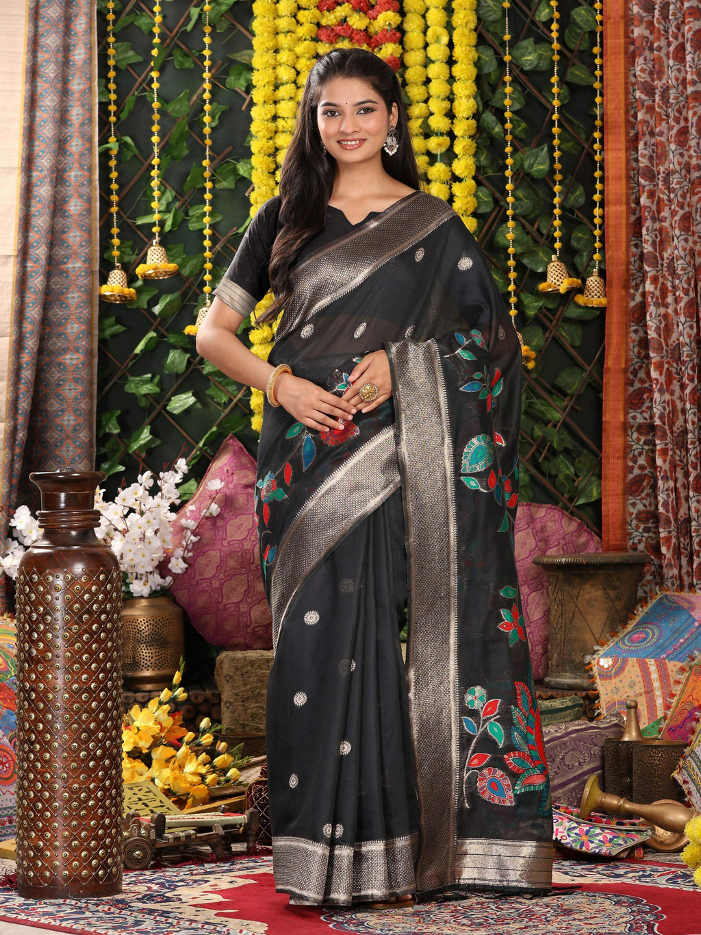 Shree Shyam Fashion Linen Cotton Black Saree - Distacart