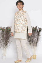 Little Bansi Banarsi Silk Orange Pink Floral Embroidery Jacket with Cotton Kantha kurta and Kantha Pyjama - Cream