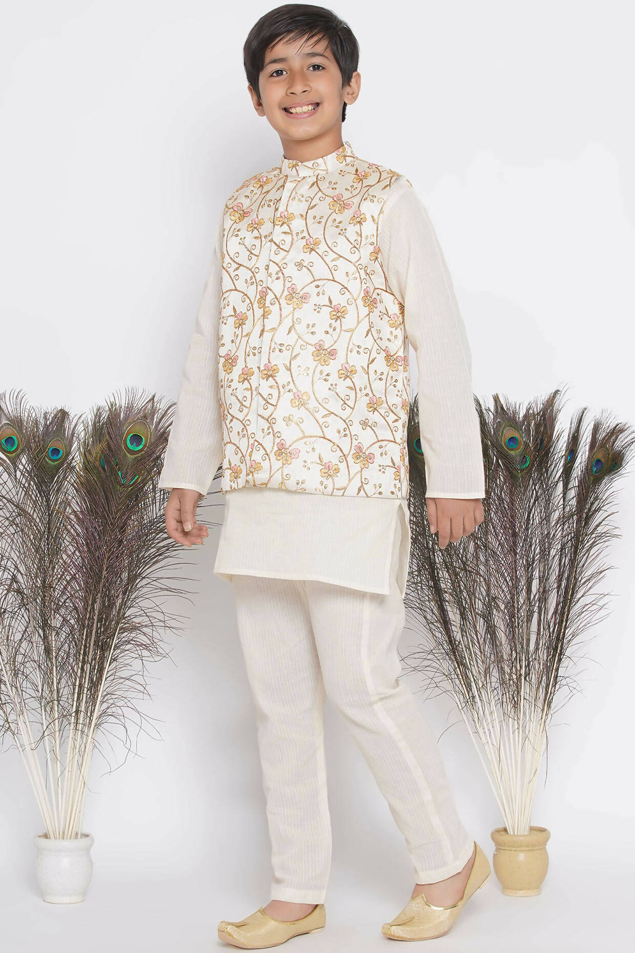 Little Bansi Banarsi Silk Orange Pink Floral Embroidery Jacket with Cotton Kantha kurta and Kantha Pyjama - Cream