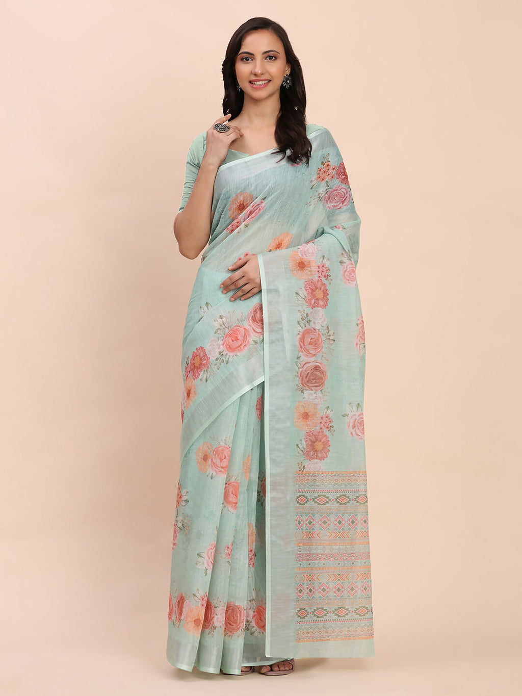 Shree Shyam Fashion Linen Cotton Sea Green Saree - Distacart