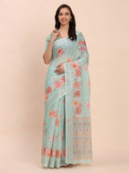 Shree Shyam Fashion Linen Cotton Sea Green Saree - Distacart