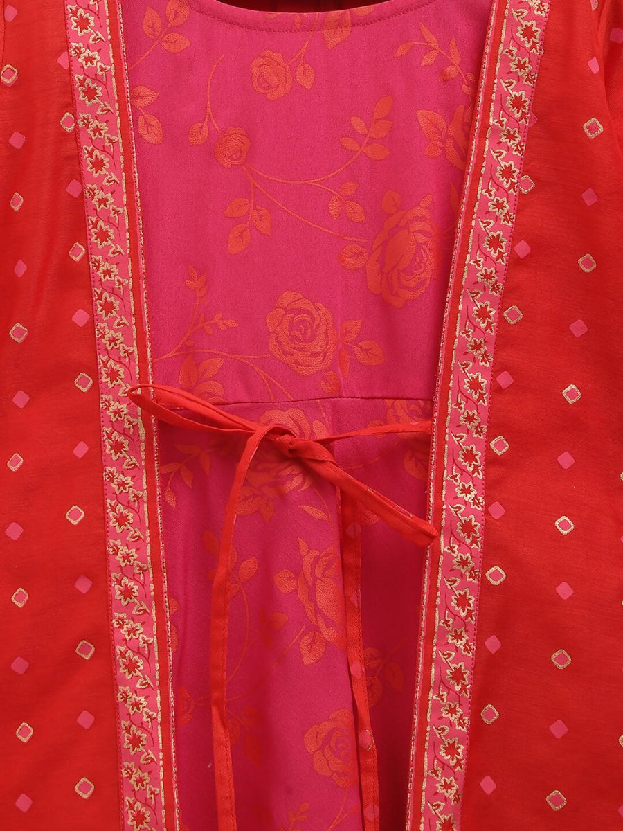 Ahalyaa Dark Pink Crepe Khari Print kids Dress Attached Jacket For Girls
