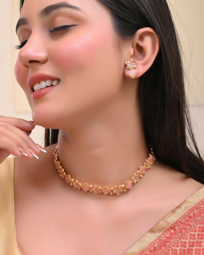 VOJ Gold Tone Kundan And Pink Stone Studded Jewellery Set