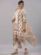 Juniper Women's Beige Cambric Floral Placement Printed Straight Fit Kurta Sets - Distacart