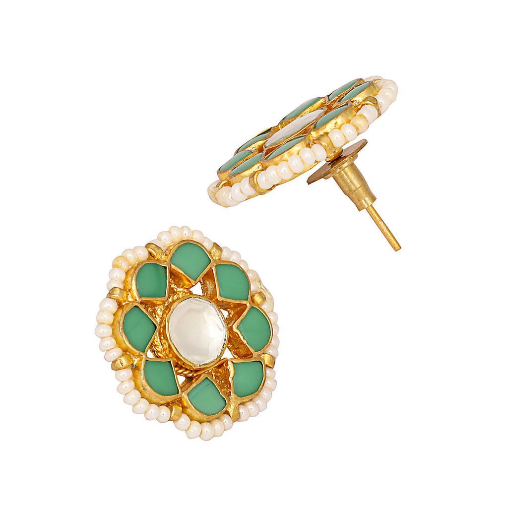 Nuyug 22K Gold-Plated Green Kundan Studded & Pearls Beaded Floral Shaped Studs - Distacart