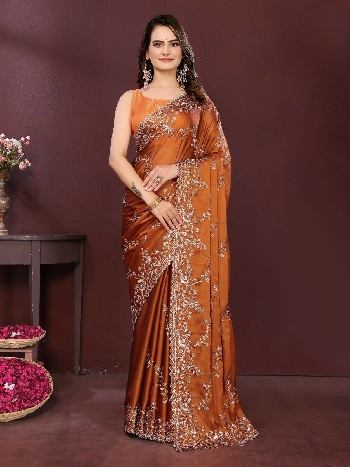 Ai Fashion Copper Rangoli Silk Embroidery Party Wear Saree - Distacart