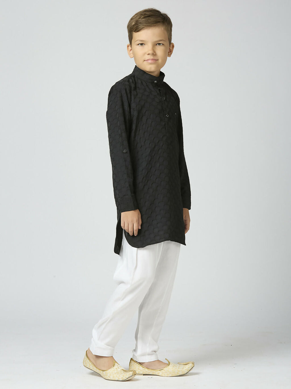 Joban Fashion Kids Island Full Sleeves Texture Cotton Kurta and Pyjama Set - Black - Distacart