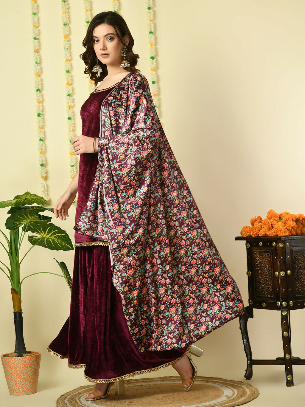 Myshka Women's Magenta Velvet Kurti & Sharara With Dupatta Party Sets