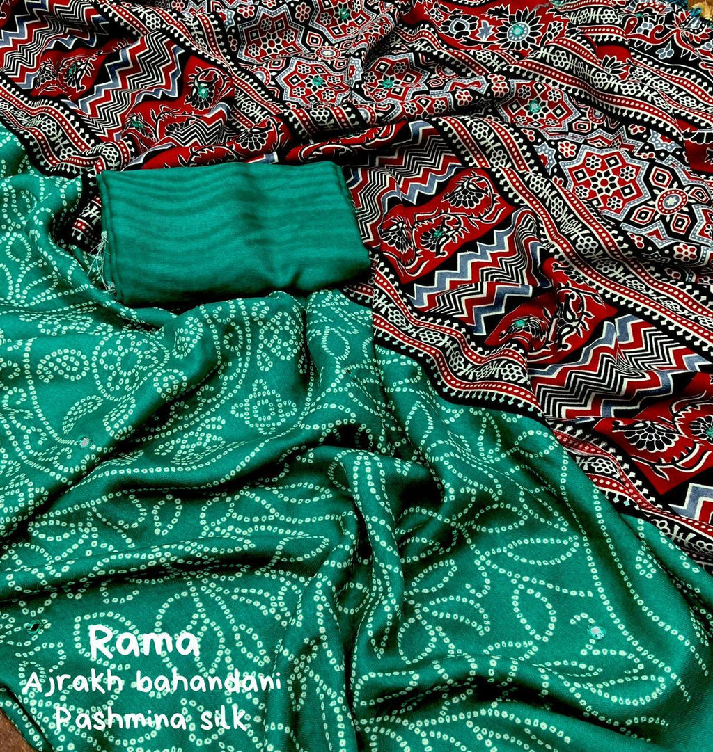 Green Silk Blend Ajrak Saree with Unstitched Blouse - Hiral Fashion