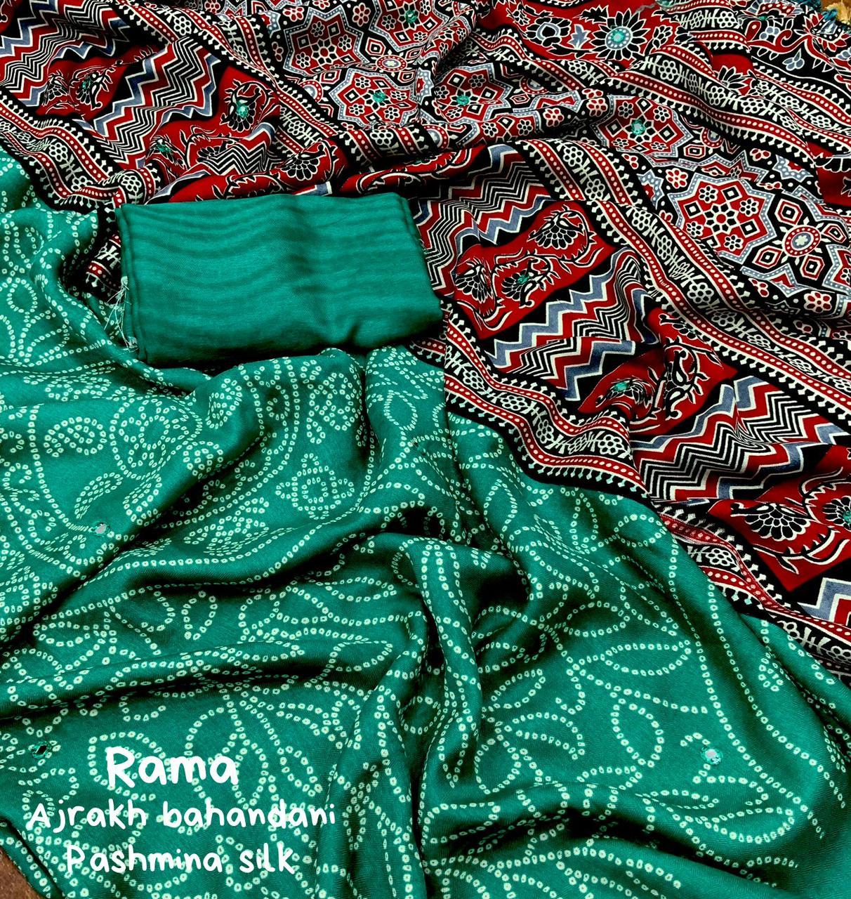Green Silk Blend Ajrak Saree with Unstitched Blouse - Hiral Fashion