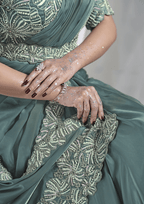 Aqua Blue Crepe Satin Silk Designer Ready to wear saree with stithced Blouse - Mohmanthan Aura