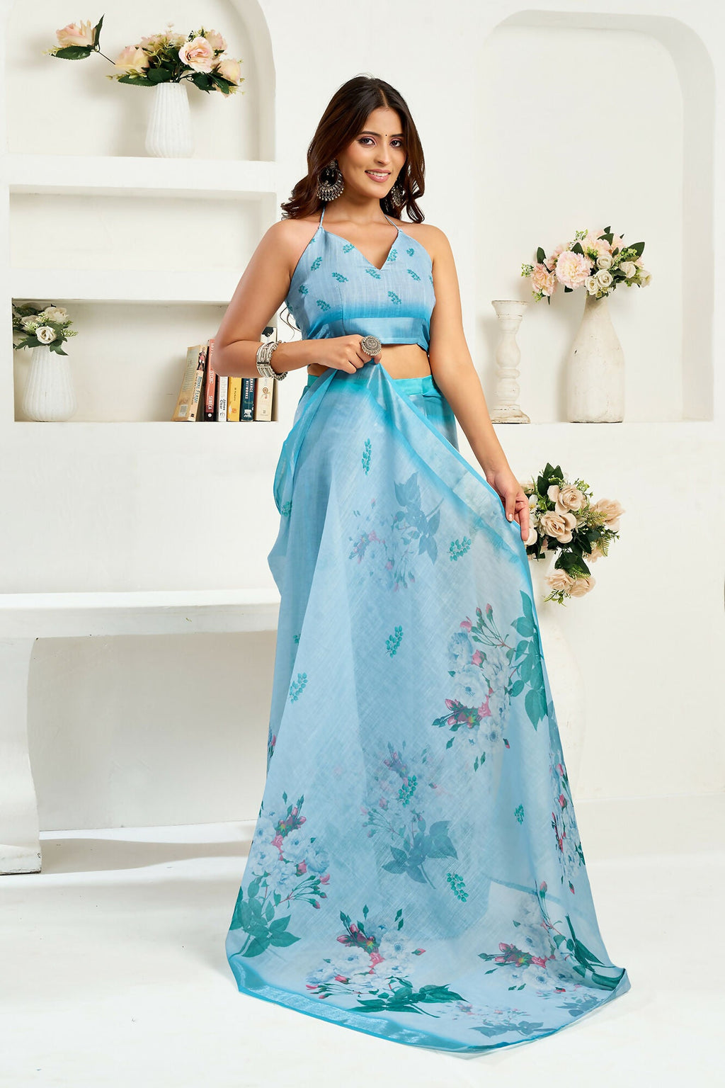 Vastranavya Sea Blue Digital Printed Linen Ready To Wear Designer Saree with Unstitched Blouse - Distacart