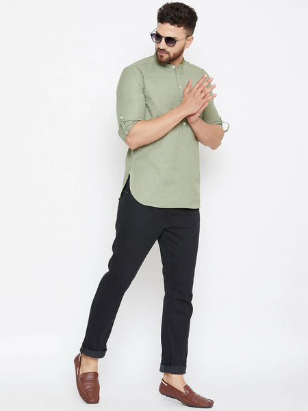 Even Apparels Green Color Men's Pure Cotton Kurta With Band Collar