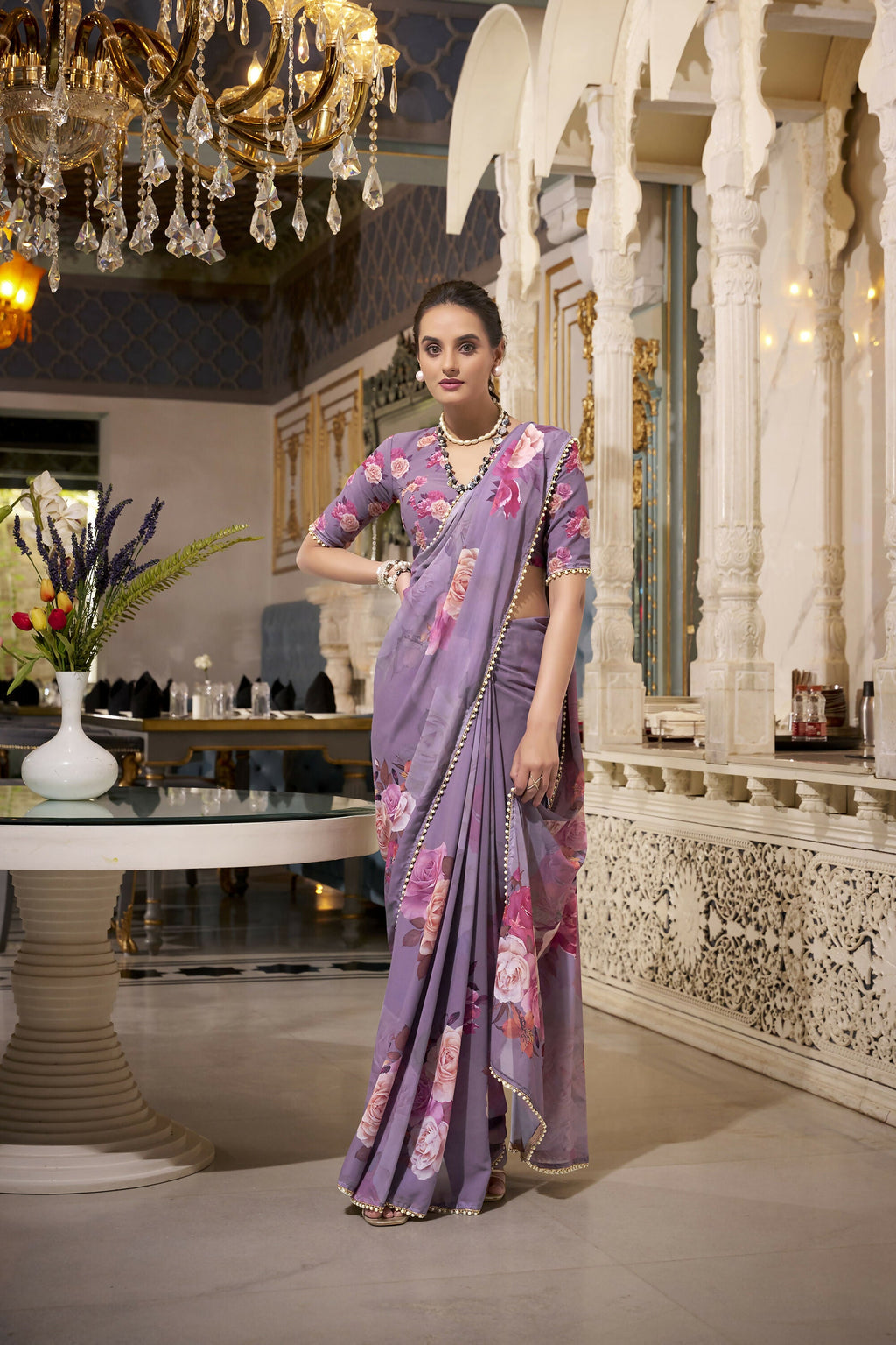Vastranavya Grey Spectacular Georgette Printed with Pearl Lace Saree with Unstitched Blouse - Distacart