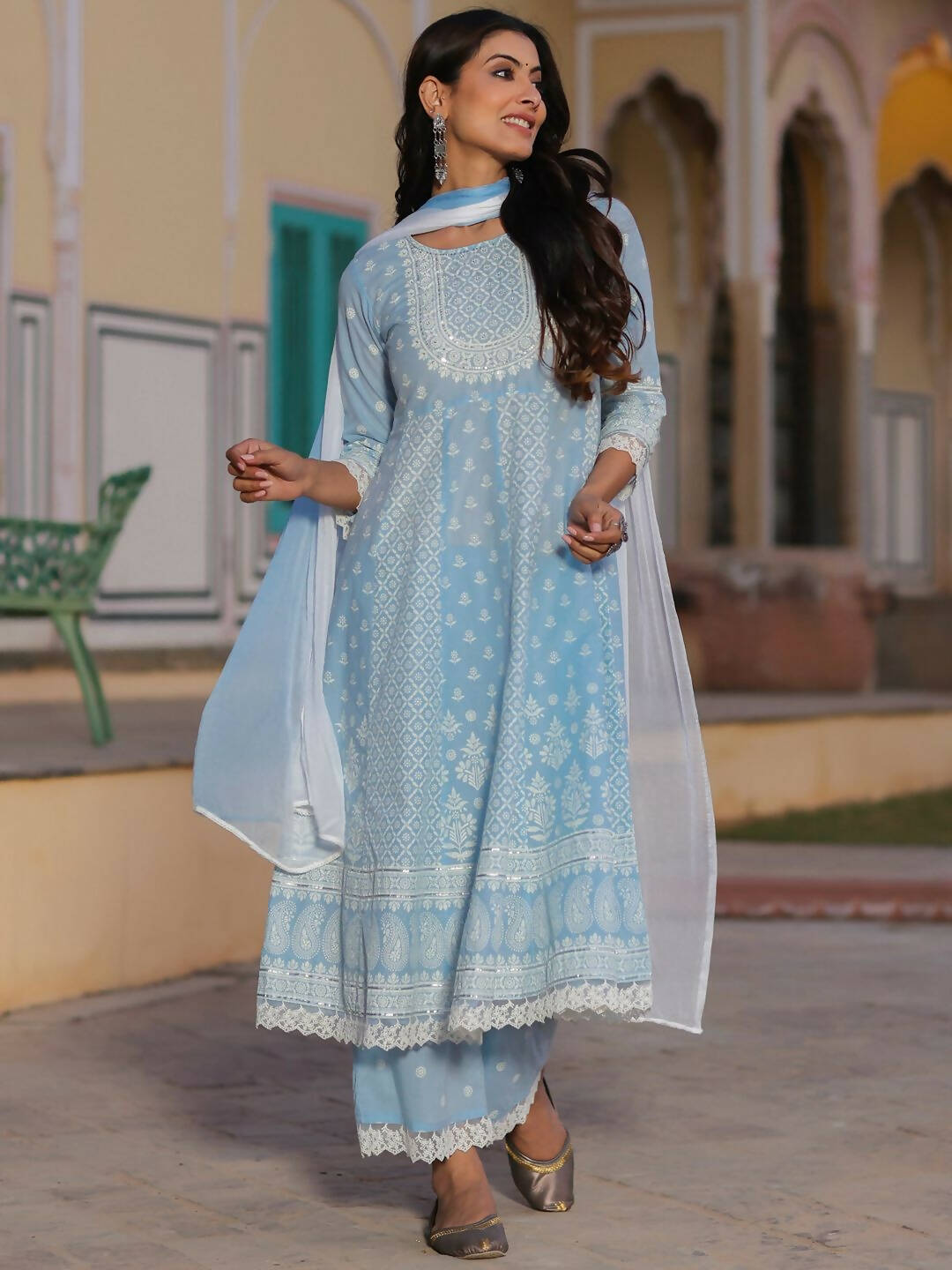 Juniper Women's Powerblue Cambric Floral Printed Anarkali Kurta Sets - Distacart
