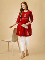Jyoti Fashion Women's Red Viscose Rayon Embroidered Casual Top