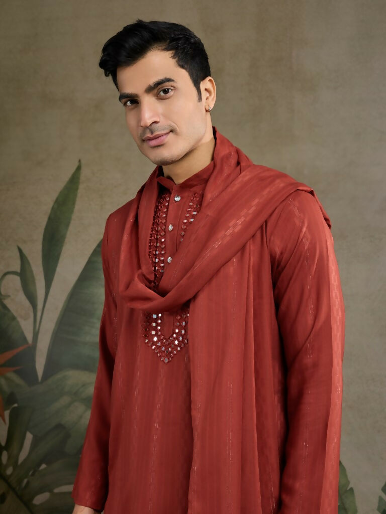 Vastranavya Rust Orange Exclusive Viscose Rayon Festival Wear Real Mirror Work Kurta with Dupatta
