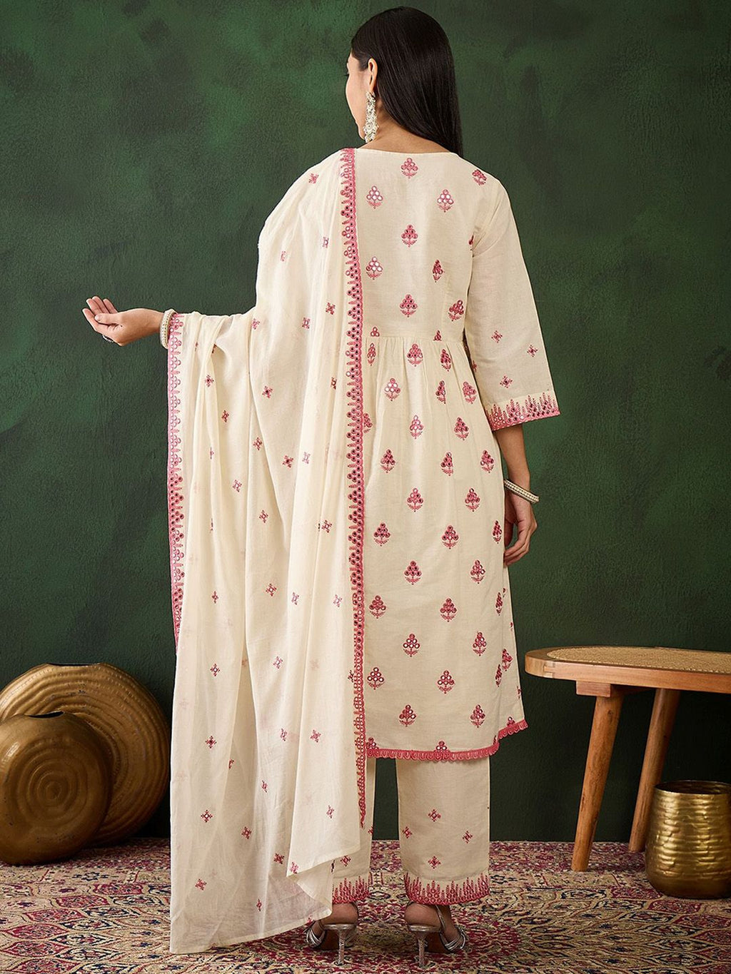 Sangria Off White Floral Embroidered Pure Cotton Mirror Work Kurta & Trouser With Dupatta