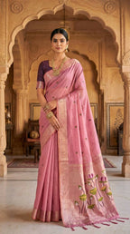 Vastranavya Pink Muga Cotton Meenakari & Munia Weaving Pallu Saree with Contrast Blouse - Distacart