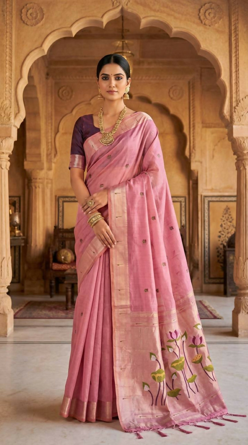 Vastranavya Pink Muga Cotton Meenakari & Munia Weaving Pallu Saree with Contrast Blouse - Distacart
