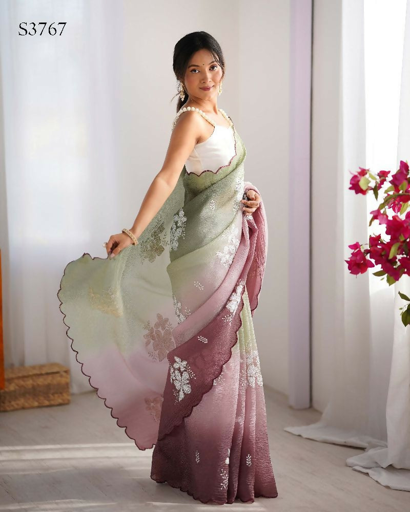 Pista and Wine Crunchy Crush Pedding Color Embroidery Work Party Wear Saree - Zuleika