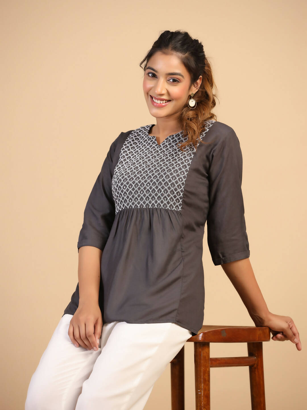 Womens Grey Rayon Yoke Embroidered Top - Keeva