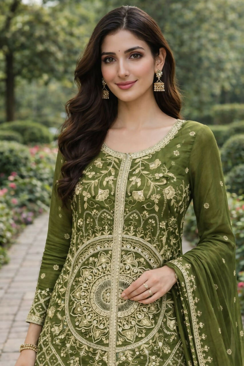 Teeya Creation Green Color Chinon Silk Wedding Wear Trending Palazzo Set - Distacart