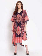 Myshka Women's Multi Printed Cotton 3/4 Sleeve V Neck Casual Kaftan Dress