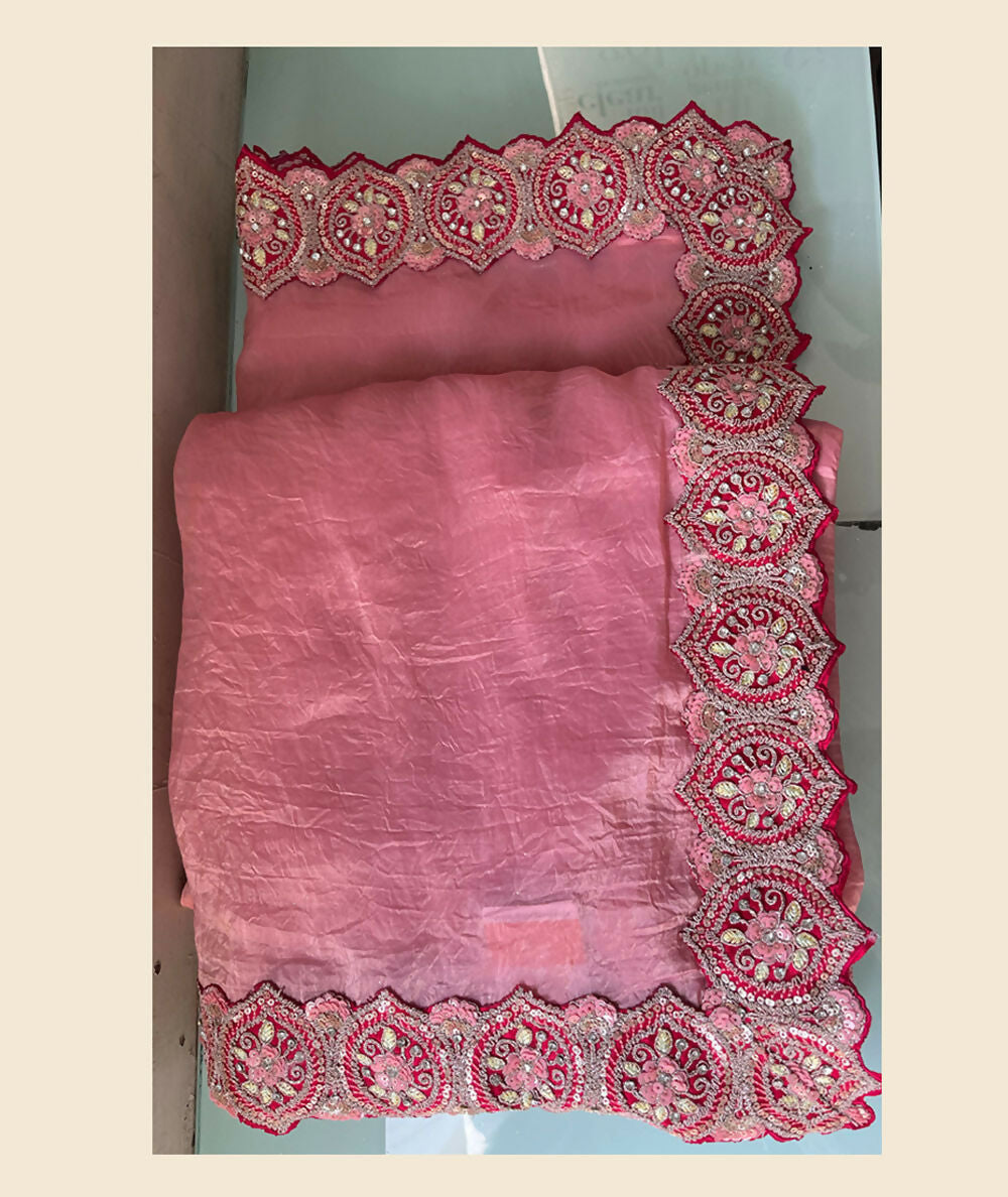 Pink Banarasi Crush Silk Thread, Sequence, Cord and jari Embroidered with Stone Work Saree - Mohmanthan Dakshika