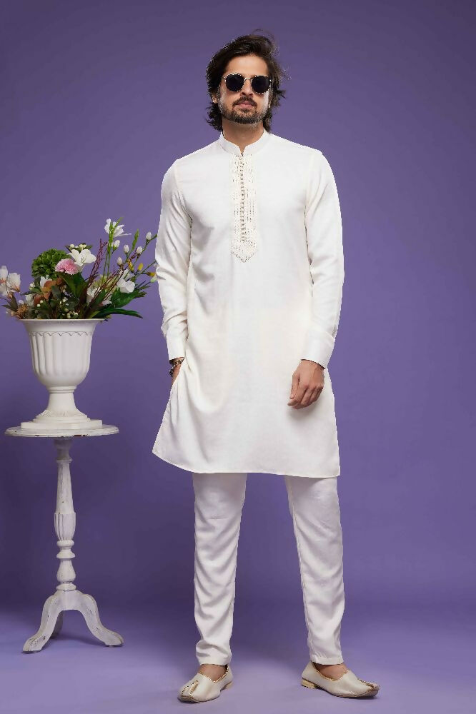 Raivat Ethnic Art Banarasi Silk Thread Work Kurta Pajama In Cream Colour