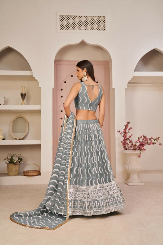 Aastha Fashion Gray Butterfly Net White Cotton Thread Work, Zari Work And Sandwich Sequence Work Embroidery Wedding Wear Lehenga Choli