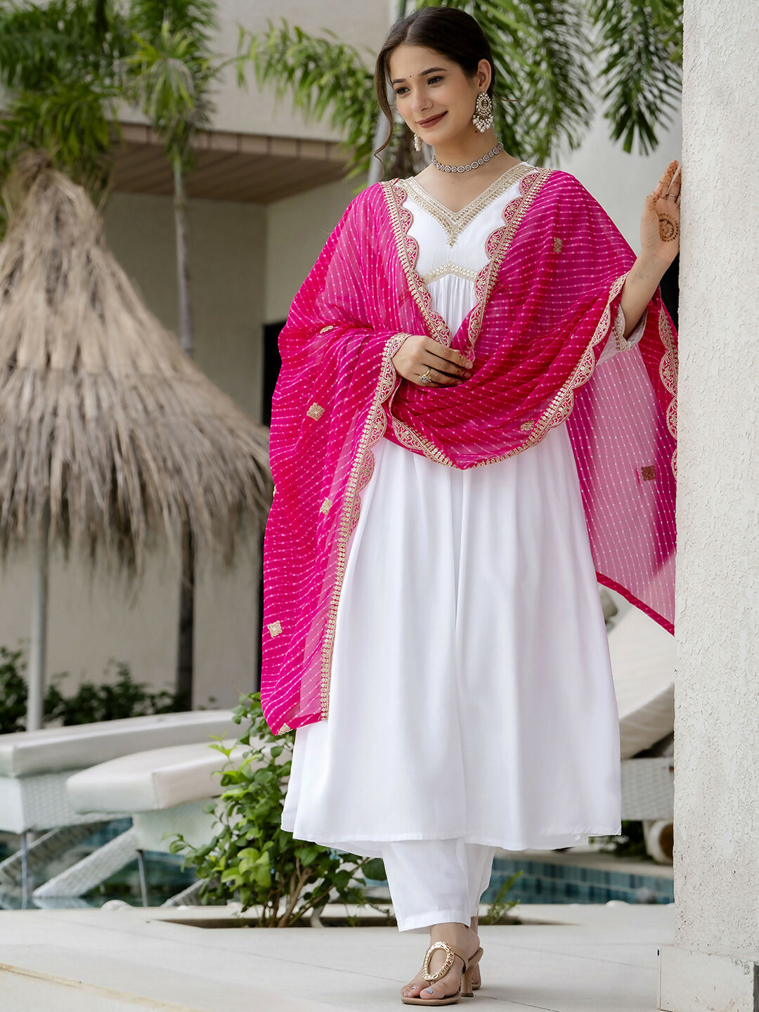The52 White Women's Gorgeous Embroidered Chanderi Fabric Straight Kurta, Pant and Dupatta Set - Distacart