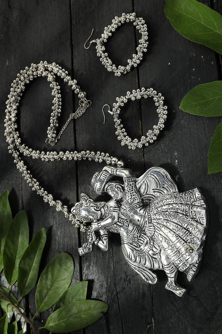 Mominos Fashion Johar Kamal Oxidised Silver-Plated Brass Finish Radha Kishan Long Necklace For Women
