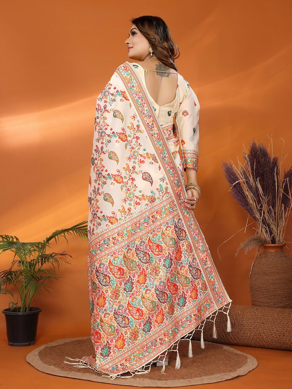 Joban Fashion Cream Meena Weaves Pashmina Sarees