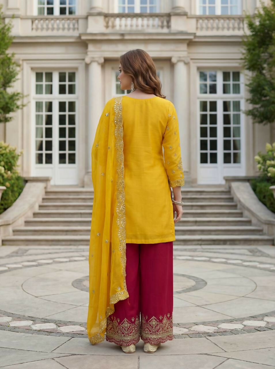 Teeya Creation Yellow Chinon Silk Embroidery Work Party Wear Palazzo Pair - Distacart