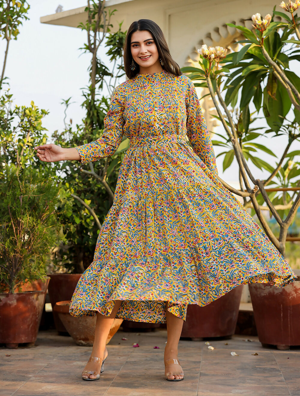 Kaajh Women's Yellow Floral Handblock Print Cotton Dress - Distacart