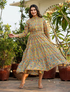 Kaajh Women's Yellow Floral Handblock Print Cotton Dress - Distacart