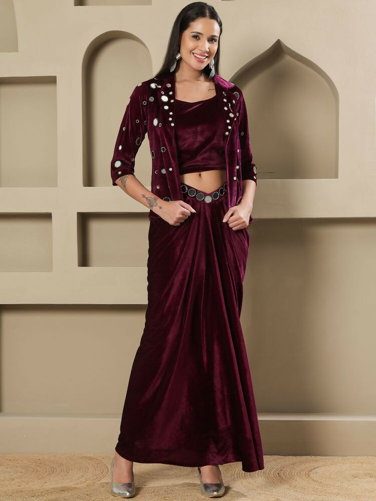 Joban Fashion Women Wine Velvet Hand Embellishment Stitched Dress - Distacart