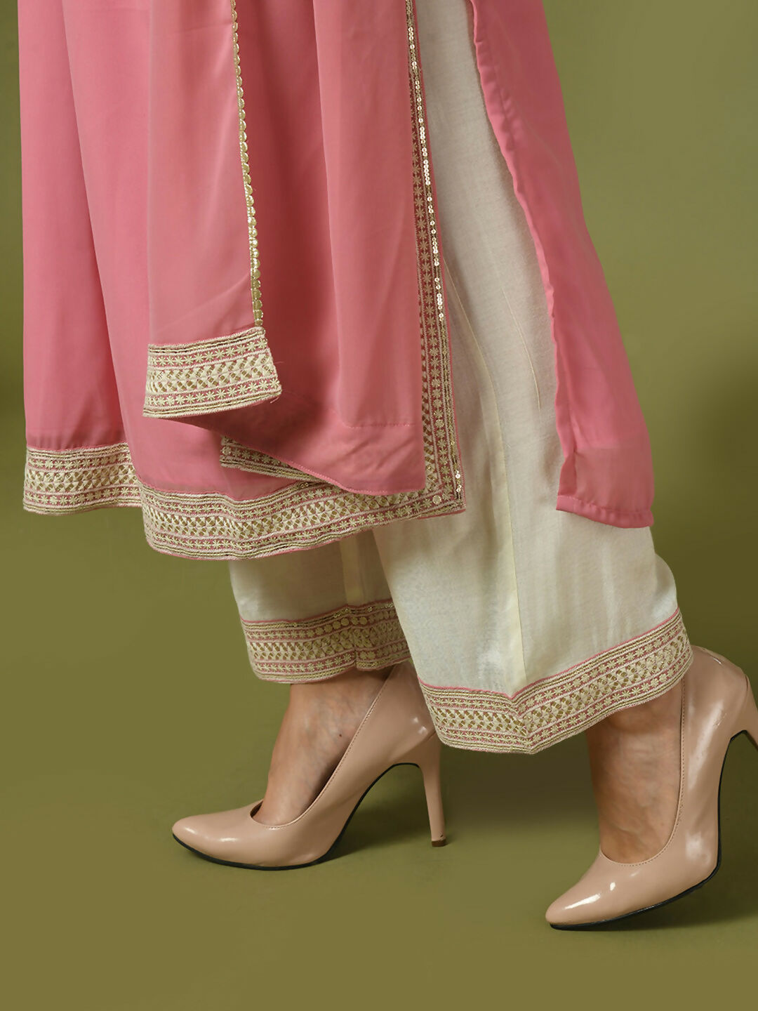 Myshka Women's Pink Solid Georgette Anarkali Party Kurta Set With Dupatta